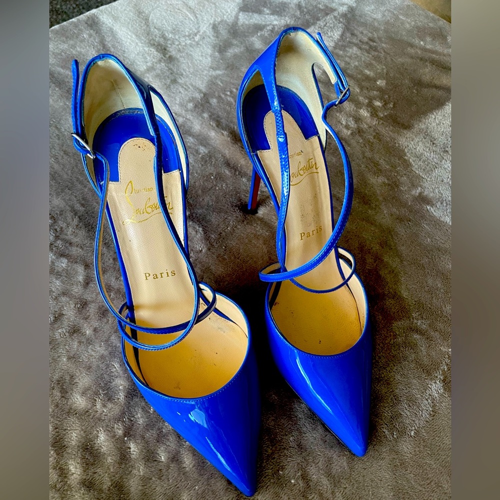 Christian Louboutin Electric Blue Patent Leather Cross Blake 100 Pumps 39